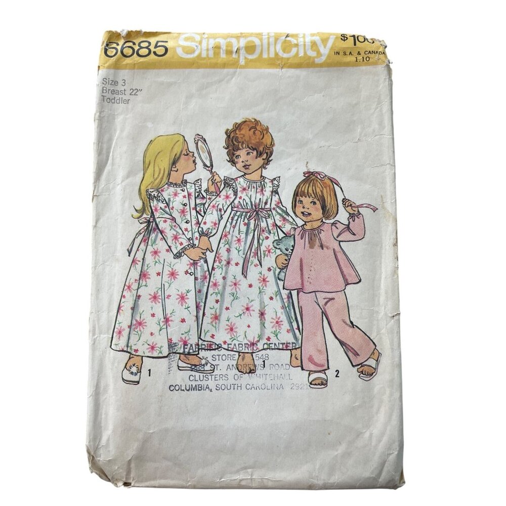 70s Simplicity 6685 Toddler Sewing Pattern Size 3 Nightgown Robe Pajamas CUT